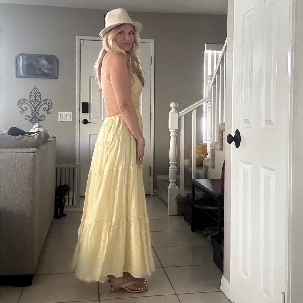 Commense Pale Yellow Tiered Maxi Dress with Low Back